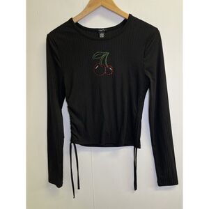 Rue 21 Women's M Rhinestone Cherries‎ Gem Long Sleeve Crop Top Adjustable Sides